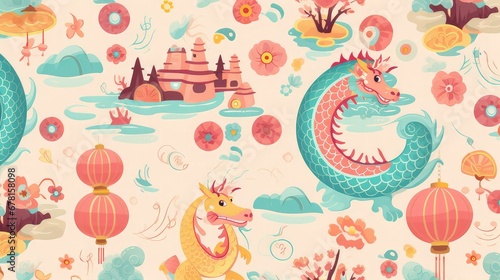
Children's illustration with asian elements on pastel color background for Happy Chinese New Year of the Dragon. Wallpaper. Pattern. Image generated with AI.