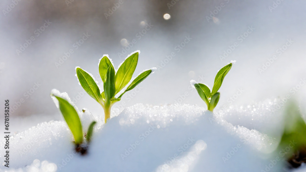 The first sprouts of new life in spring, snowdrop flowers growing in the snow, green plant leaves in springtime - obrazy, fototapety, plakaty 