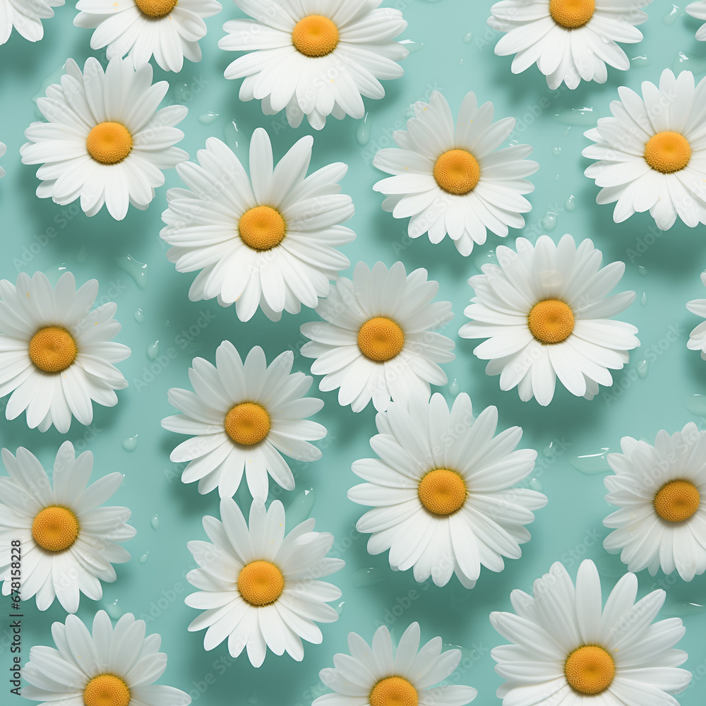 Pattern of white daisies on a pastel green background. Wather drops between flowers. Flat lay composition Pattern of white daisies on a pastel green background. Wather drops between flowers. Flat lay composition