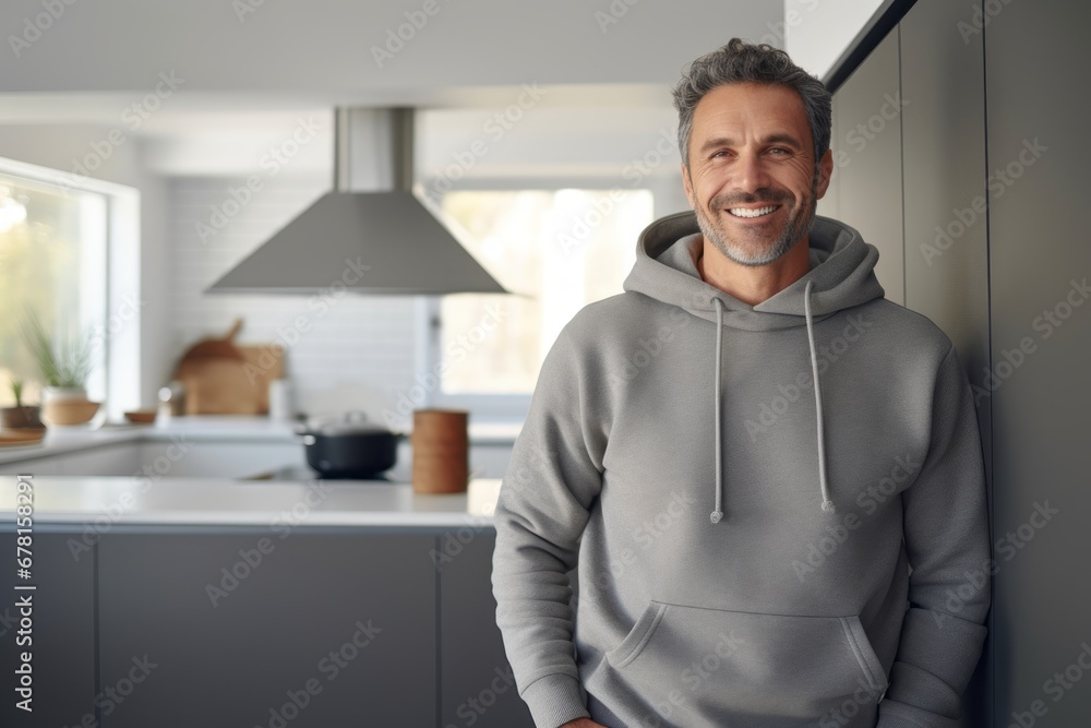 Portrait of a glad man in his 40s wearing a thermal fleece pullover against a modern minimalist interior. AI Generation Portrait of a glad man in his 40s wearing a thermal fleece pullover against a modern minimalist interior. AI Generation