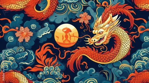 Illustration with red and gold dragons with traditional Chinese elements on a blue background. Design for web, wrapping paper, cover, textile, fabric, wallpaper. Image generated with AI