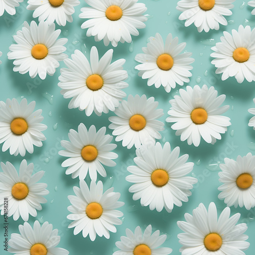Pattern of white daisies on a pastel green background. Wather drops between flowers. Flat lay composition
