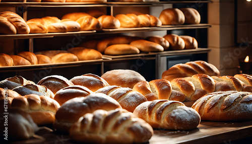 a bakery counter with fresh bread a variety of mouthwatering bread loaves, buns, rolls, and baguettes