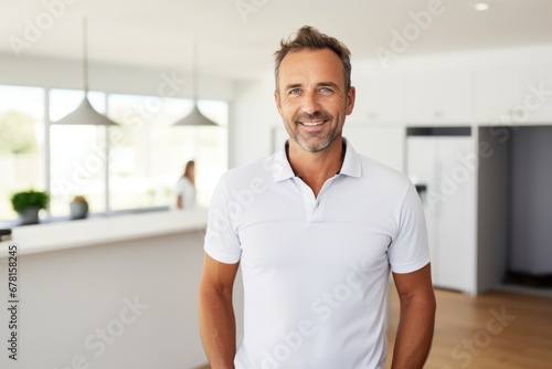 Portrait of a smiling man in his 40s wearing a breathable golf polo against a modern minimalist interior. AI Generation