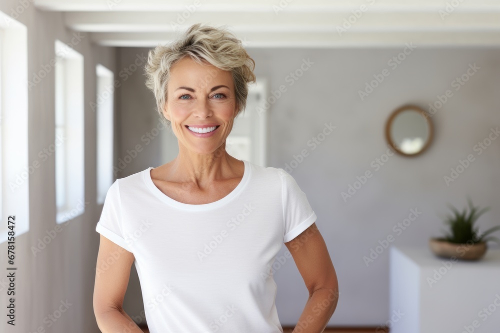 Portrait of a happy woman in her 50s dressed in a casual t-shirt against a modern minimalist interior. AI Generation Portrait of a happy woman in her 50s dressed in a casual t-shirt against a modern minimalist interior. AI Generation