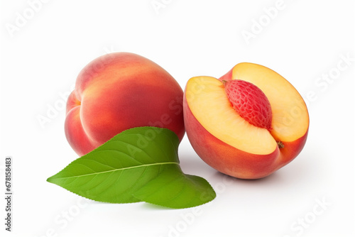 Ripe chinese flat peach fruit and half with leaf isolated on white background, aesthetic look
