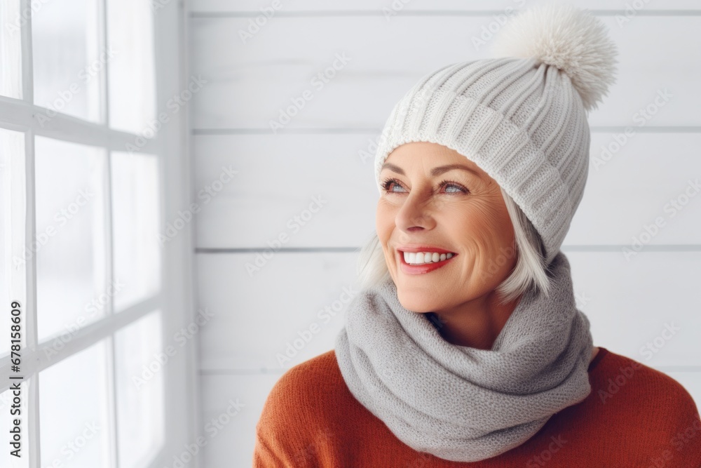 Portrait of a cheerful woman in her 50s dressed in a warm ski hat against a modern minimalist interior. AI Generation Portrait of a cheerful woman in her 50s dressed in a warm ski hat against a modern minimalist interior. AI Generation