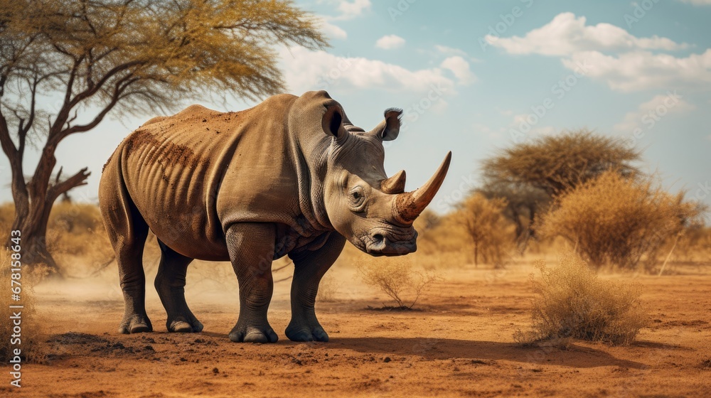 Fototapeta premium Perspective from the side In Africa's Sanctuary Natural Park, a lone wild rhino stands in a sandy area with trees in the background.