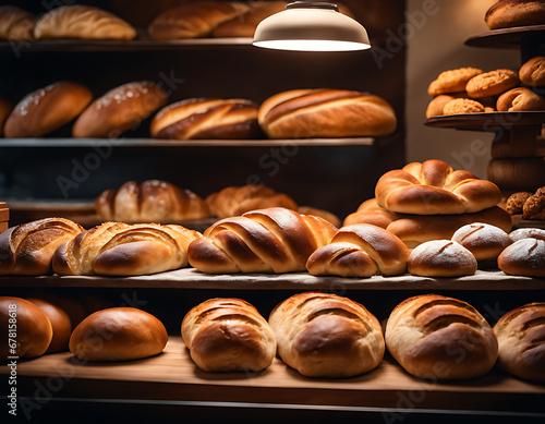 a bakery counter with fresh bread a variety of mouthwatering bread loaves, buns, rolls, and baguettes