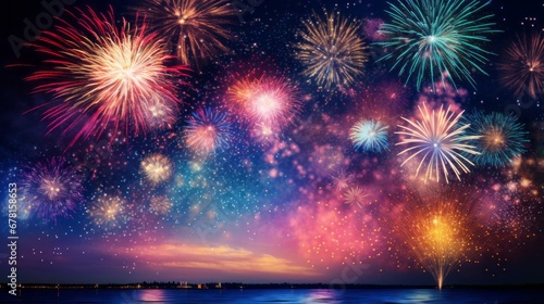 Colorful fireworks on night sky background with bokeh effect.