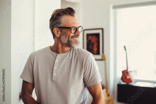 Portrait of a blissful man in his 50s sporting a vintage band t-shirt against a modern minimalist interior. AI Generation