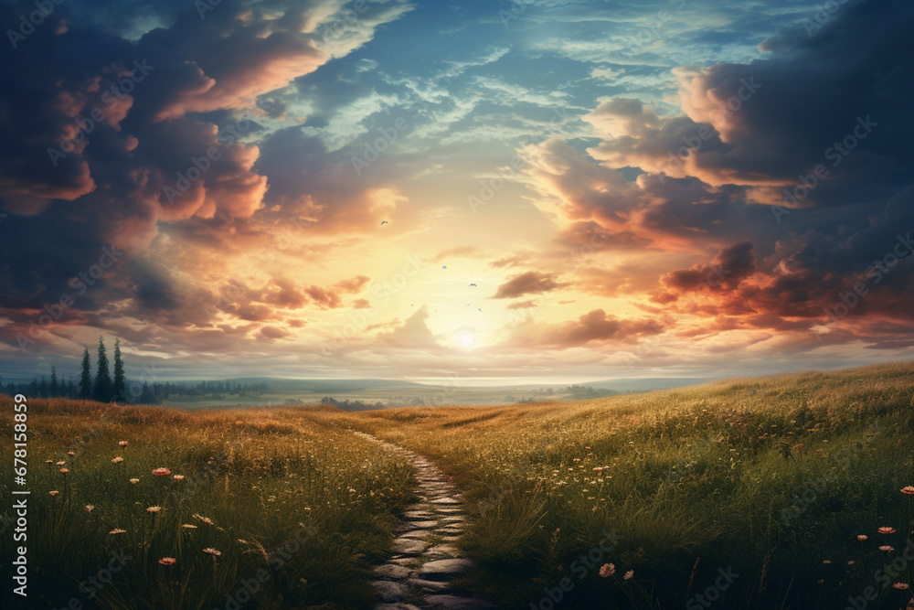 Road to the sky and meadow, aesthetic look