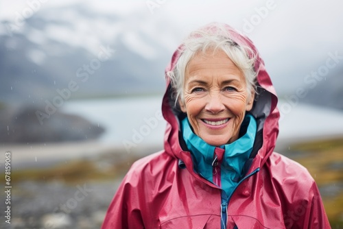 Portrait of a grinning woman in her 60s sporting a waterproof rain jacket against a snowy mountain range. AI Generation