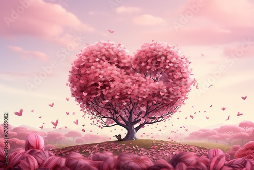 Valentine s day background with heart shaped tree and flying hearts  Ai Generated
