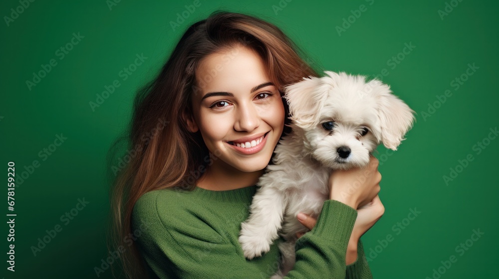 Grinning woman crossing a green wall with an adorable puppy Grinning woman crossing a green wall with an adorable puppy