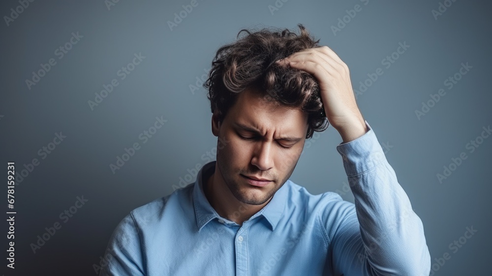 Young male holding his head in dark background. Headache and tiredness. Depressive state. Poor health and symptoms of a cold