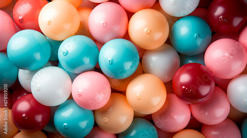 many colorful rubber balls in row