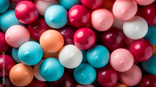 many colorful rubber balls in row