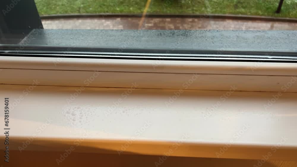 POV dusting window sill. Cleaning home using paper towel. Cozy home