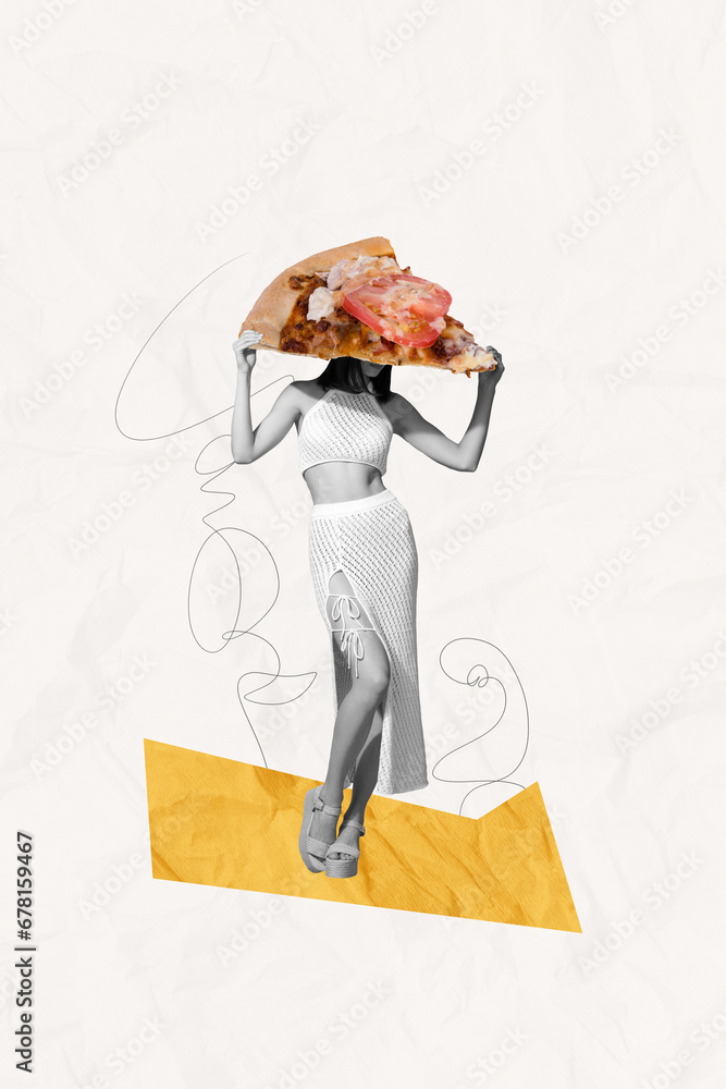 Vertical creative collage image of beautiful female pizza slice hat ...