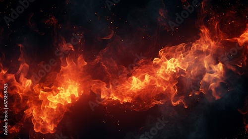 Black background with flaming sparks. sparks flying from a fire flame. Hot coals in the fire shoot flaming red sparks.