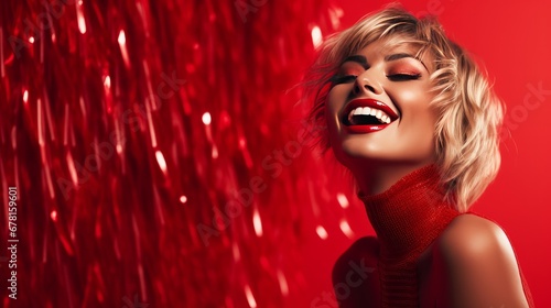 Elegantly grinning woman on a red background with tinsel and a Christmas gift box © Suleyman