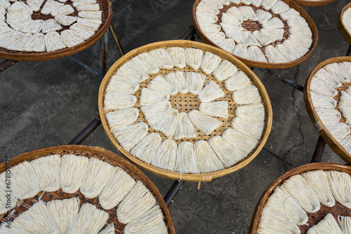 Close-up of traditional handmade noodle-making drying outdoors in Guanmiao, Tainan, Taiwan.