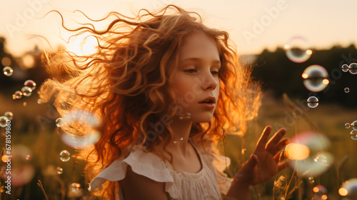 A girl playing in a field among soap bubbles