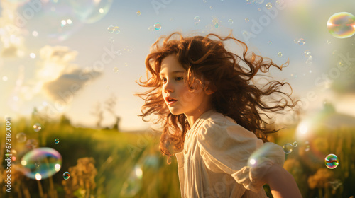 A girl playing in a field among soap bubbles