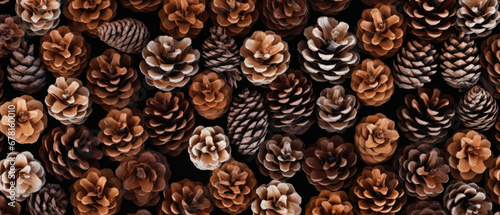 Seamless pattern of brown pine cones on a black background.