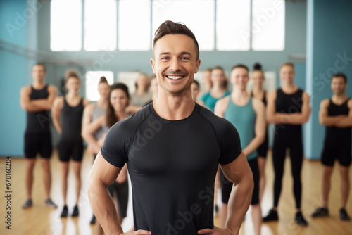 confident fitness instructor smiling in front of a group class at the gym