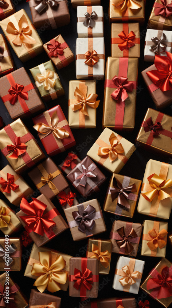 Fototapeta premium Gift boxes with ribbons on a black background, top view.