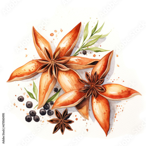 Watercolor painting of star anise with rosemary branches and berries on white background. Winter holidays decoration