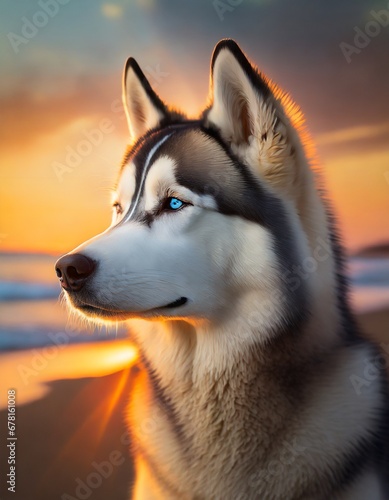 Siberian Husky or Alaskan Malamute dog pet portrait at golden hour sunset on beach 