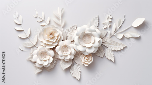 Elegant composition of white paper flowers and leaves on minimal light background. Nature decor concept