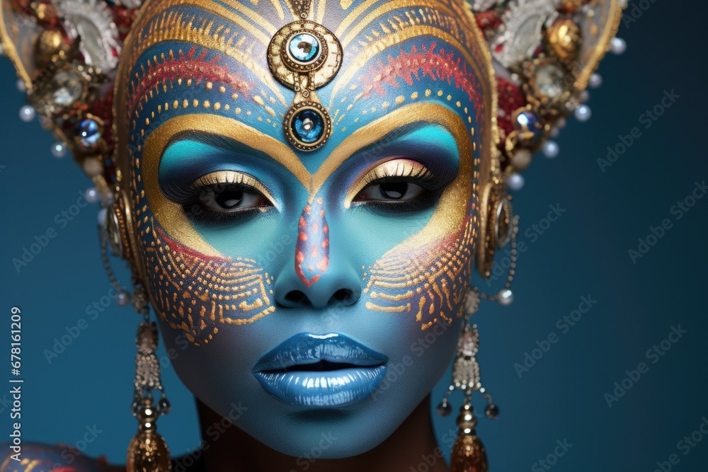 Beautiful portrait of dark skinned woman with golden and color  make up. Fashion concept