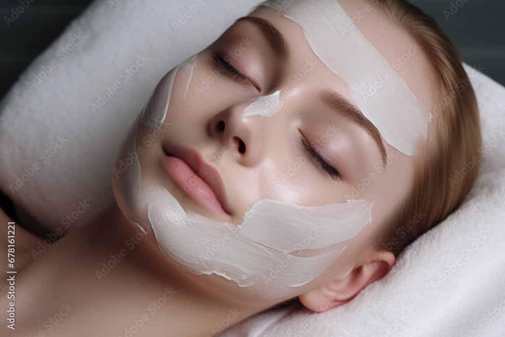 portrait of a woman with a mask. young woman receiving facial massage and care of skin  at spa . Beauty and health 