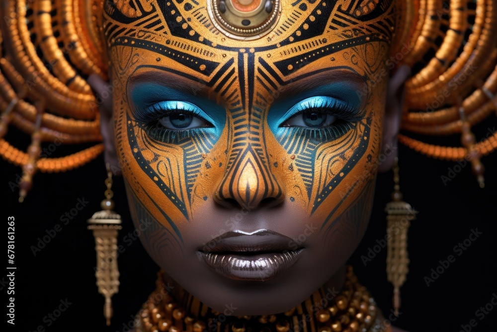 Portrait of young African female in traditional clothes with golden ornament and accessories. Fashion ethnic concept