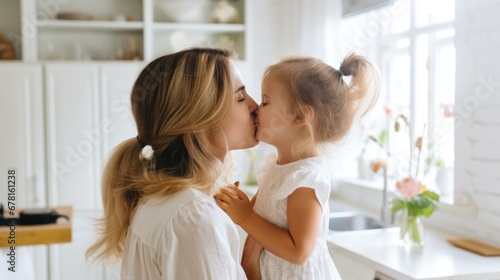 Young beautiful woman mom kisses her little daughter 5 years old in the bright kitchen of the house . Parent and child in a family warm relationship . Mother's Day 