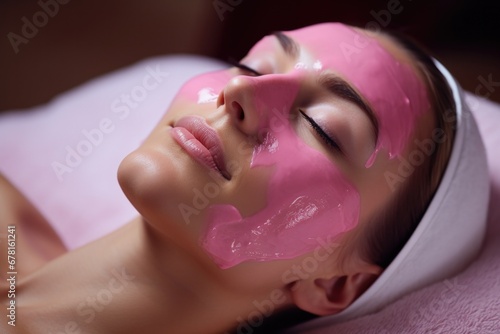 Beautiful young woman with a clay facicall mask on her face enjoys a treatment at a spa center. Beauty care 