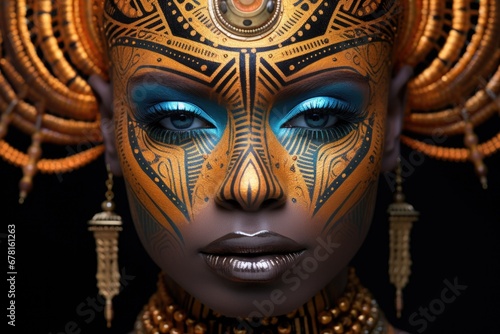 Portrait of young African female in traditional clothes with golden ornament and accessories. Fashion ethnic concept