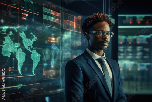  photo of African American businessman analyzing business diagram, marketing statistics and finance market graphs on laptop monitor in the office.