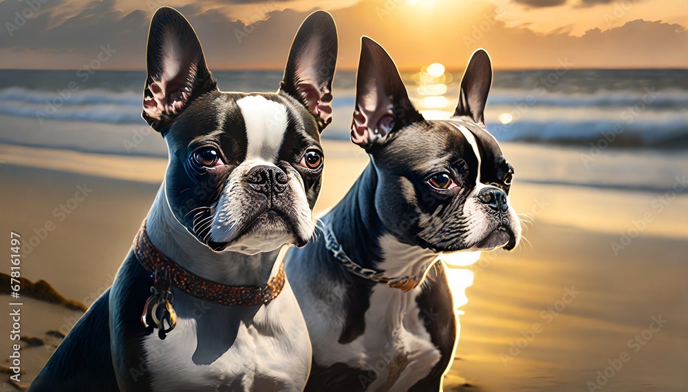 2 Boston terrier dogs at golden hour sunset light on beach