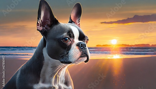 Boston terrier puppy at golden hour sunset on beach photo