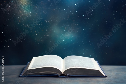Bewitched Book With Magic Glows In The Darkness Night sky with stars . magic book with magic light
