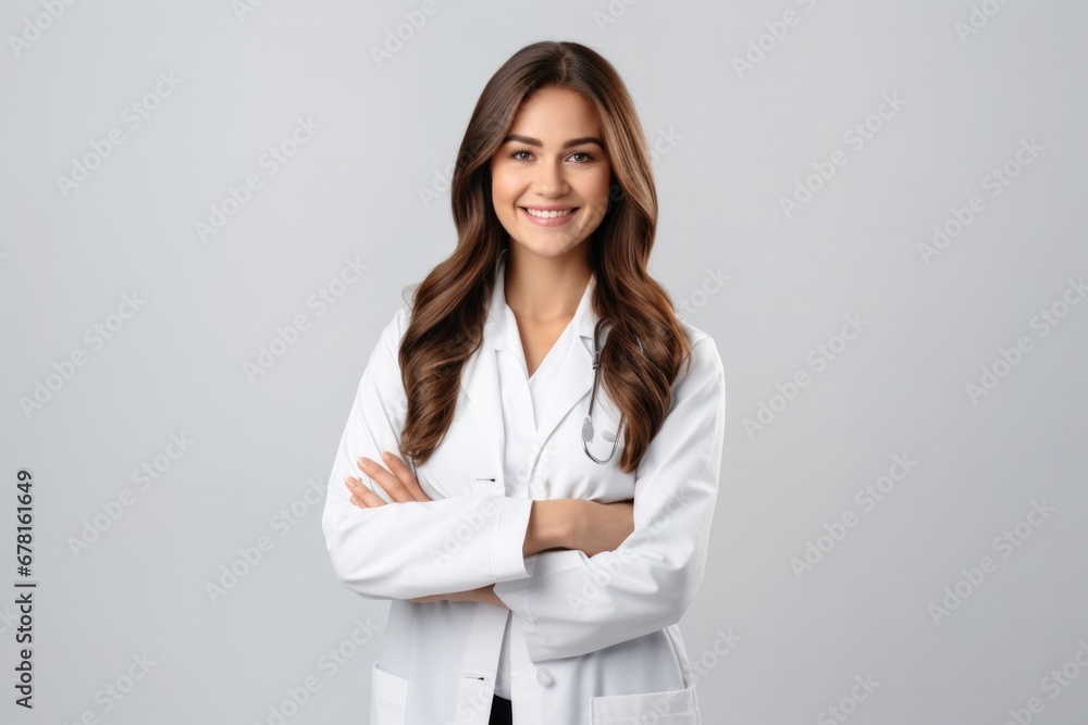 portrait of a female doctor. Smiling young woman, graduate student medical therapist or pediatrician, standing in a medical gown with a stethoscope on her shoulders on a white isolated background portrait of a female doctor. Smiling young woman, graduate student medical therapist or pediatrician, standing in a medical gown with a stethoscope on her shoulders on a white isolated background