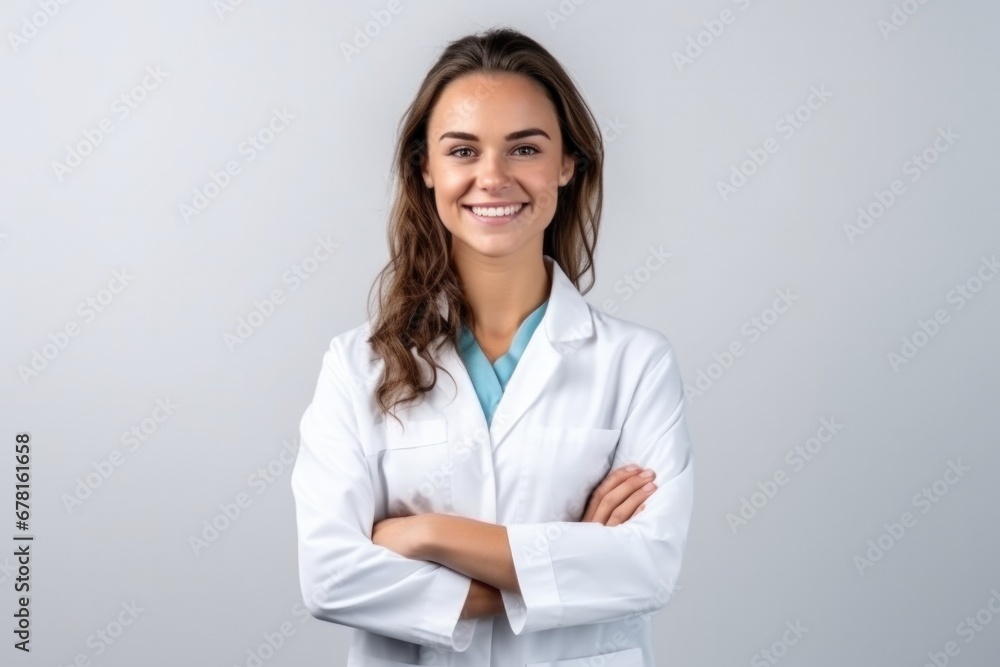 Smiling young woman, graduate student medical therapist or pediatrician, standing in a medical gown with a stethoscope on her shoulders on a white isolated background Smiling young woman, graduate student medical therapist or pediatrician, standing in a medical gown with a stethoscope on her shoulders on a white isolated background