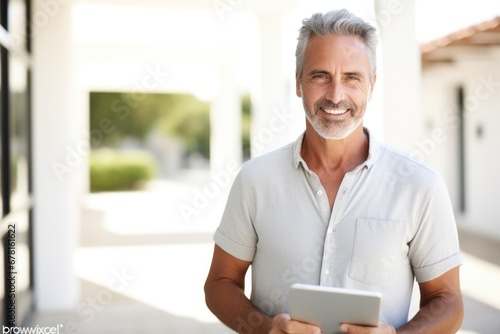 Mature smiling man standing with tablet in front of a new house . A real estate agent offers his services in buying and selling homes . Professional construction 