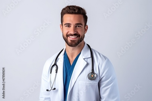 Good man medical doctor, doctor, clinic worker therapist, surgeon, pediatrician standing in hospital uniform on a white background . Health concept  doctor with stethoscope © Hope