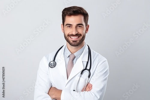 Good man medical doctor, doctor, clinic worker therapist, surgeon, pediatrician standing in hospital uniform on a white background . Health concept 